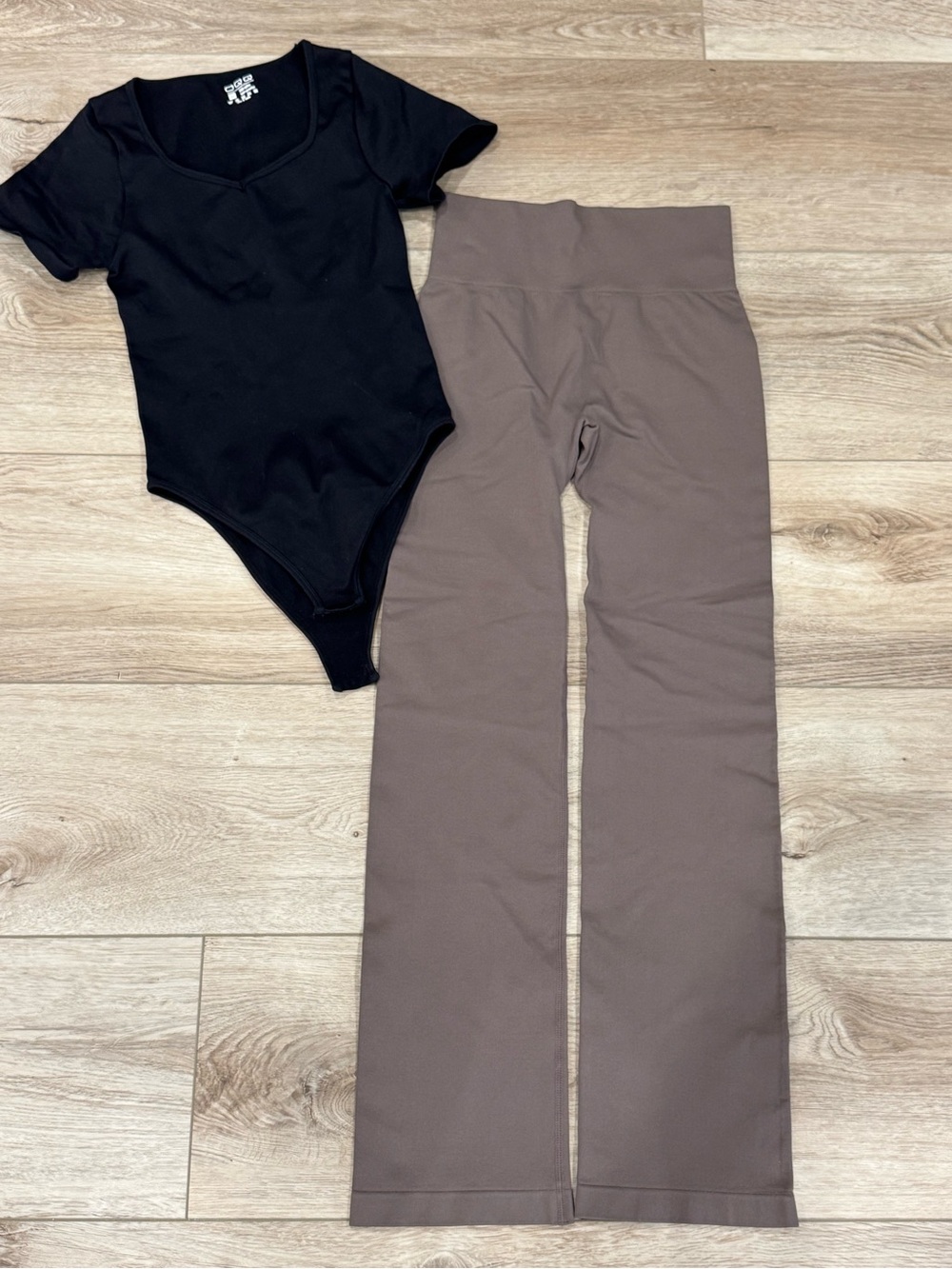OQQ Bundle High-Waist Wide-Leg Pants in Taupe and Bodysuit in Black